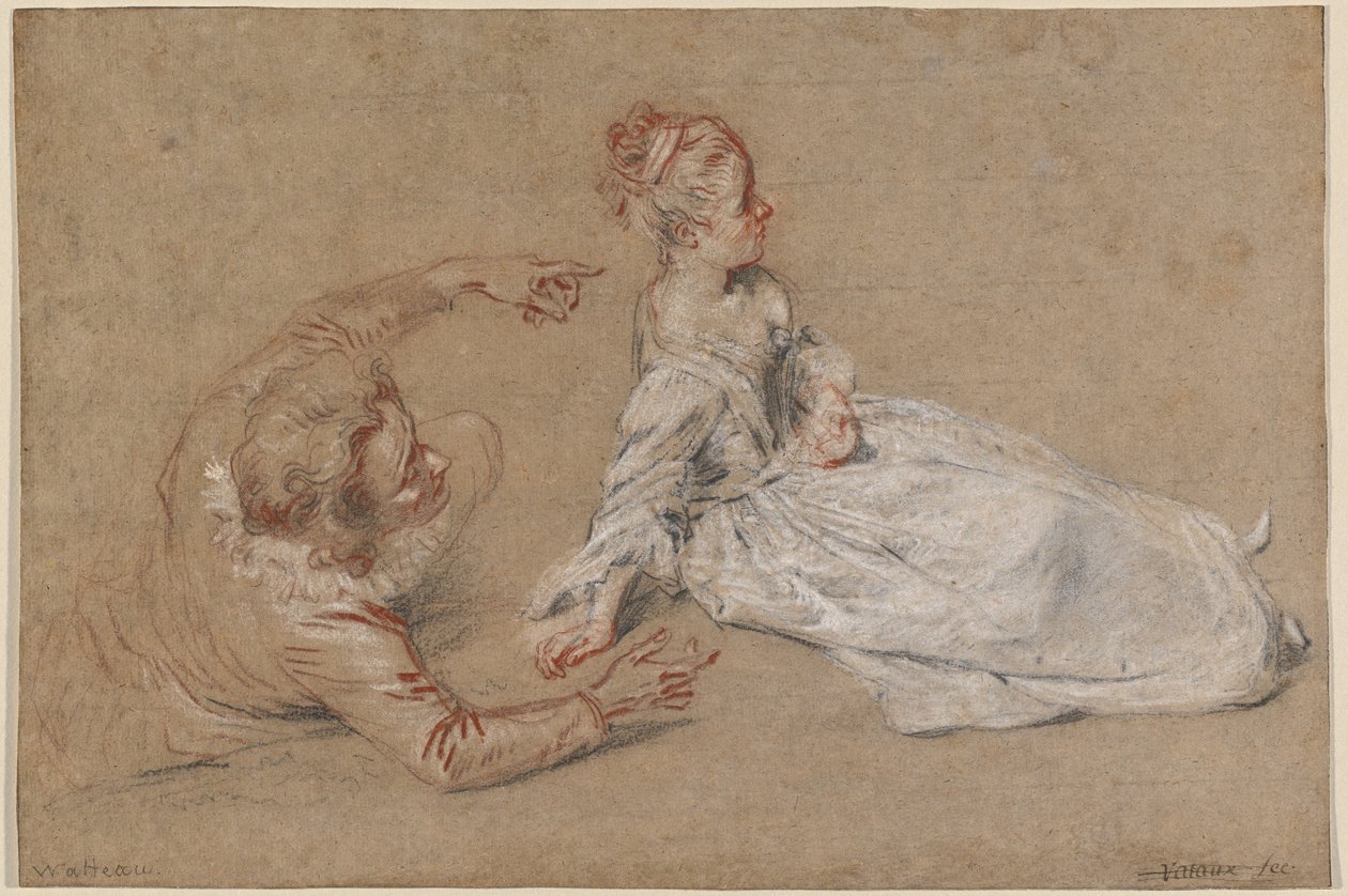 Leżący mężczyzna i kobieta siedząca na ziemi autorstwa Jean Antoine Watteau