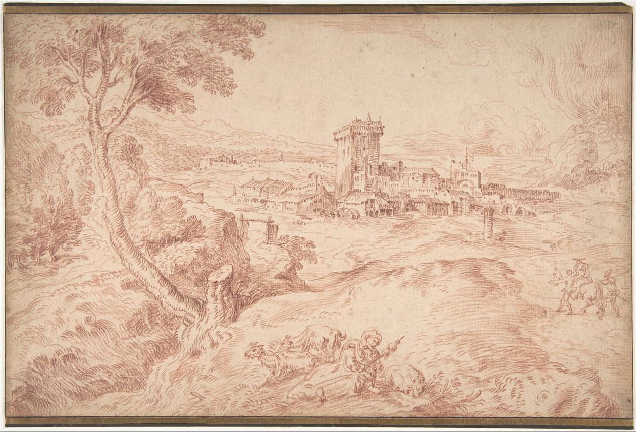 Krajobraz ze staruszką trzymającą wrzeciono autorstwa Jean Antoine Watteau