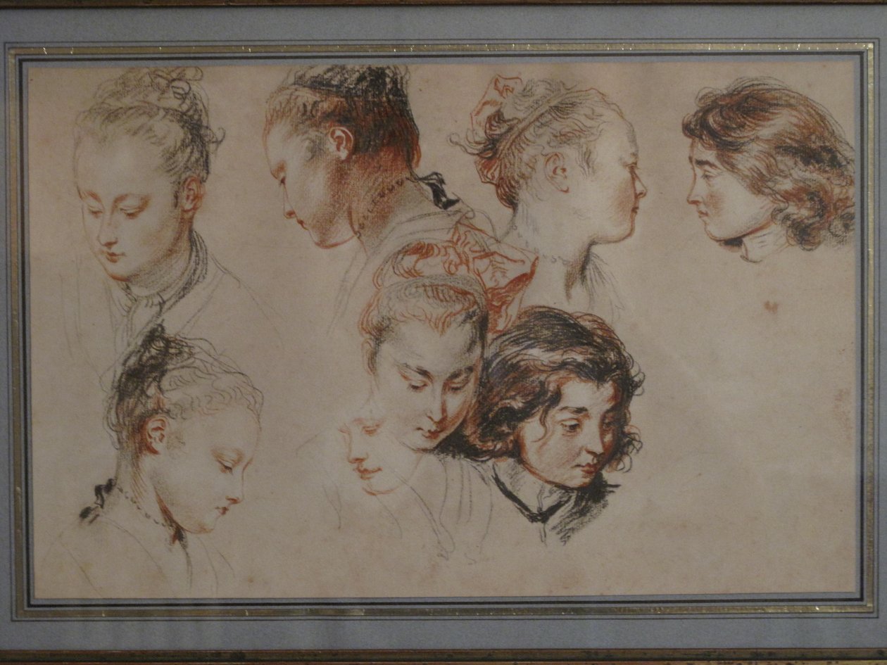 Rysunki szkicowe z głowami młodej damy autorstwa Jean Antoine Watteau