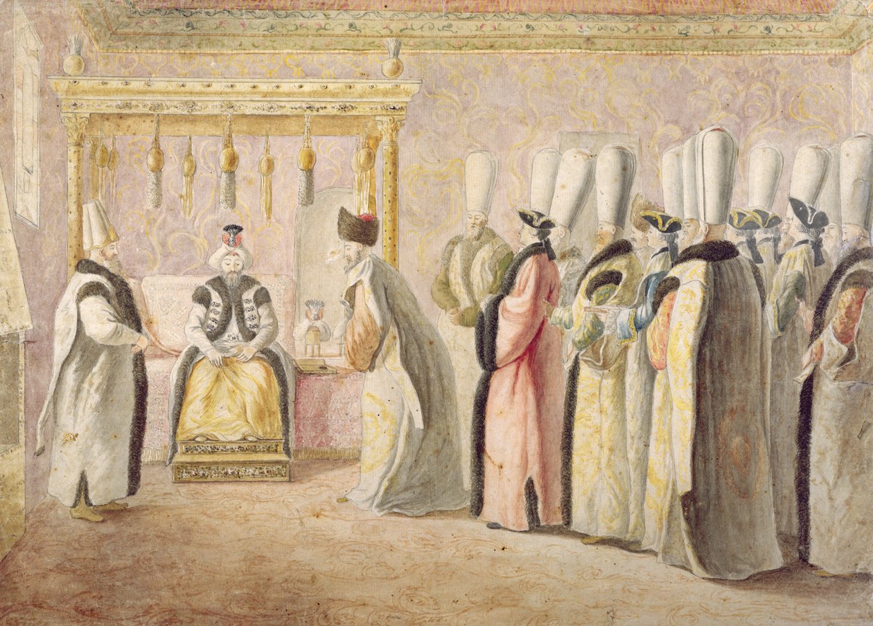Audiencja pożegnalna ambasadora Francji Charlesa Graviera (1717-87), hrabiego de Vergennes, z sułtanem Mustafą III (1717-74) w Konstantynopolu 17 grudnia 1768 autorstwa Antoine de Favray