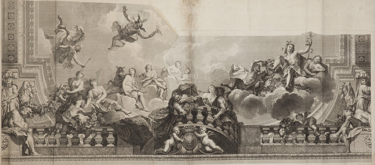Projekt centralnego panelu sufitu Wielkiej Galerii Palais Royal, rytowany przez Nicolasa Henri Tardieu (1674-1749) autorstwa Antoine (after) Coypel