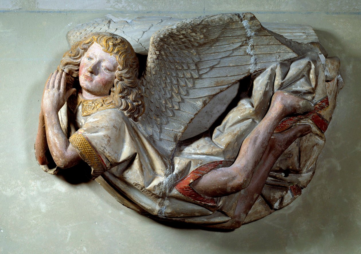 Płaskorzeźba Latającego Anioła z polichromowanego wapienia przypisuje Antoine the Moiturier (1425-1495) i przeznaczona jest dla „Mise au tombeau ofiarowanej przez Jaquotina Ogiera i jego żonę Pernette”. z Chapelles des Carmes w Semur w Auxois. ok. 1490 Sło autorstwa Antoine (attr. to) Le Moiturier