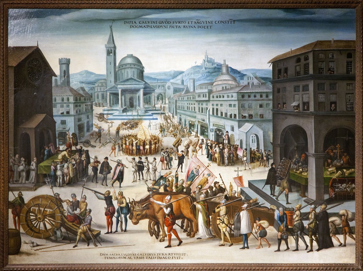 Sac de Lyon przez kalwinistów w 1562 r. Protestanckie działania obrazoburcze przeciwko kultowi religijnych wizerunków Kościoła katolickiego. Podczas pierwszej wojny religijnej reformy prowadzone przez barona des Adrets objęły ratusz i ważne centra Lyonu autorstwa Antoine (school of) Caron