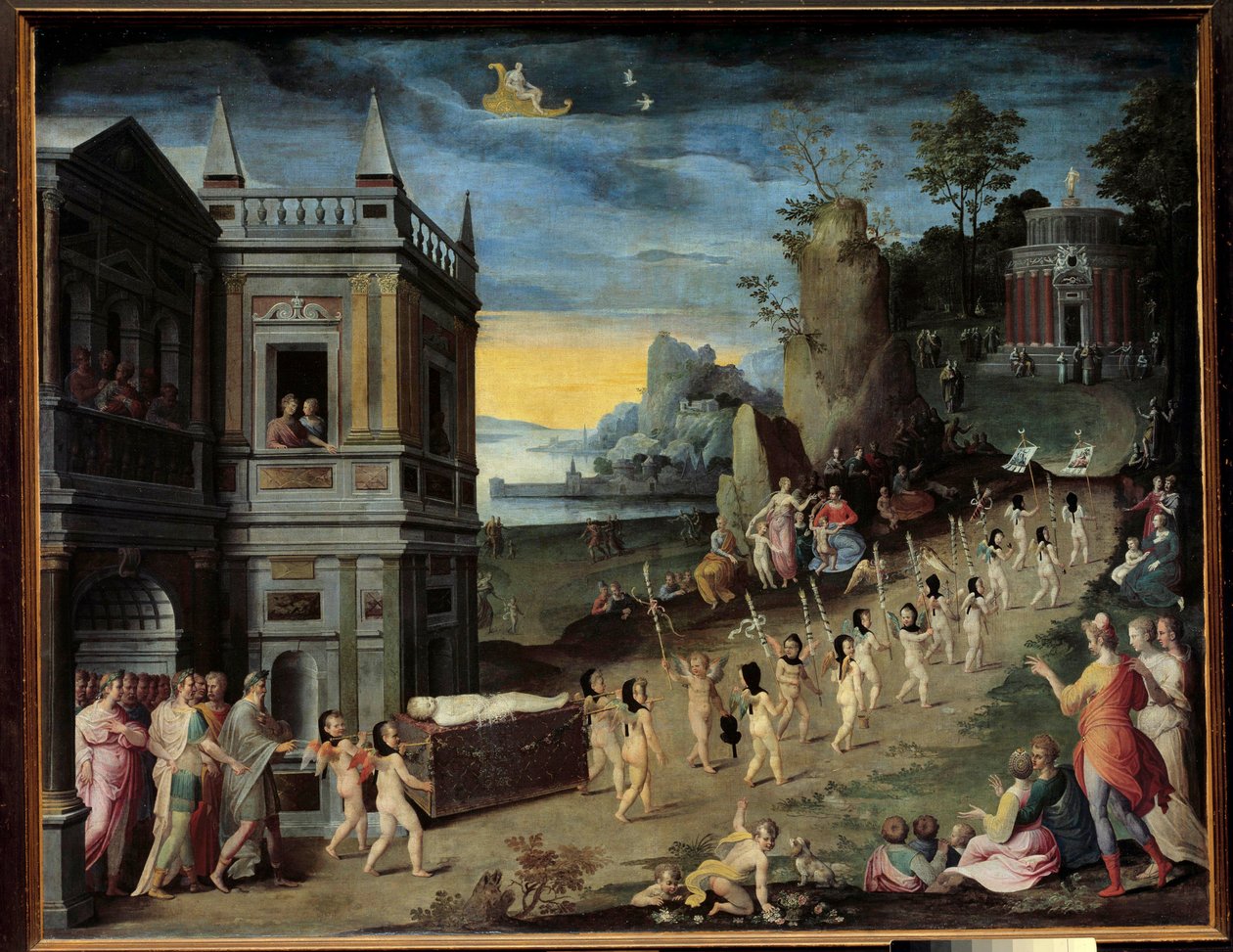 Alegoria: pogrzeb Miłości Kondukt pogrzebowy niosący ciało Erosa zmierza w kierunku świątyni Wenus. Malowanie warsztatu Antoine Caron (1521-1599) autorstwa Antoine (studio of) Caron