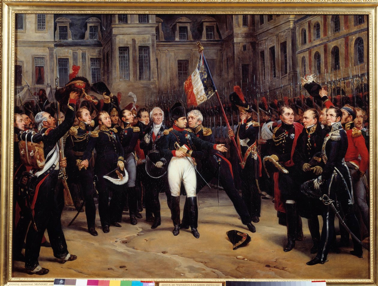 Abdykacja z 1814 r. - „”Pożegnanie Napoleona Bonaparte (1769-1821) ze strażą cesarską na dziedzińcu Cheval Blanc w Fontainebleau w dniu 20.04.1814 r.”” Obraz Antoine Montfort (1802-1884) XIX-wieczne słońce. 0,98x1,3 m² autorstwa Antoine Alphonse Montfort