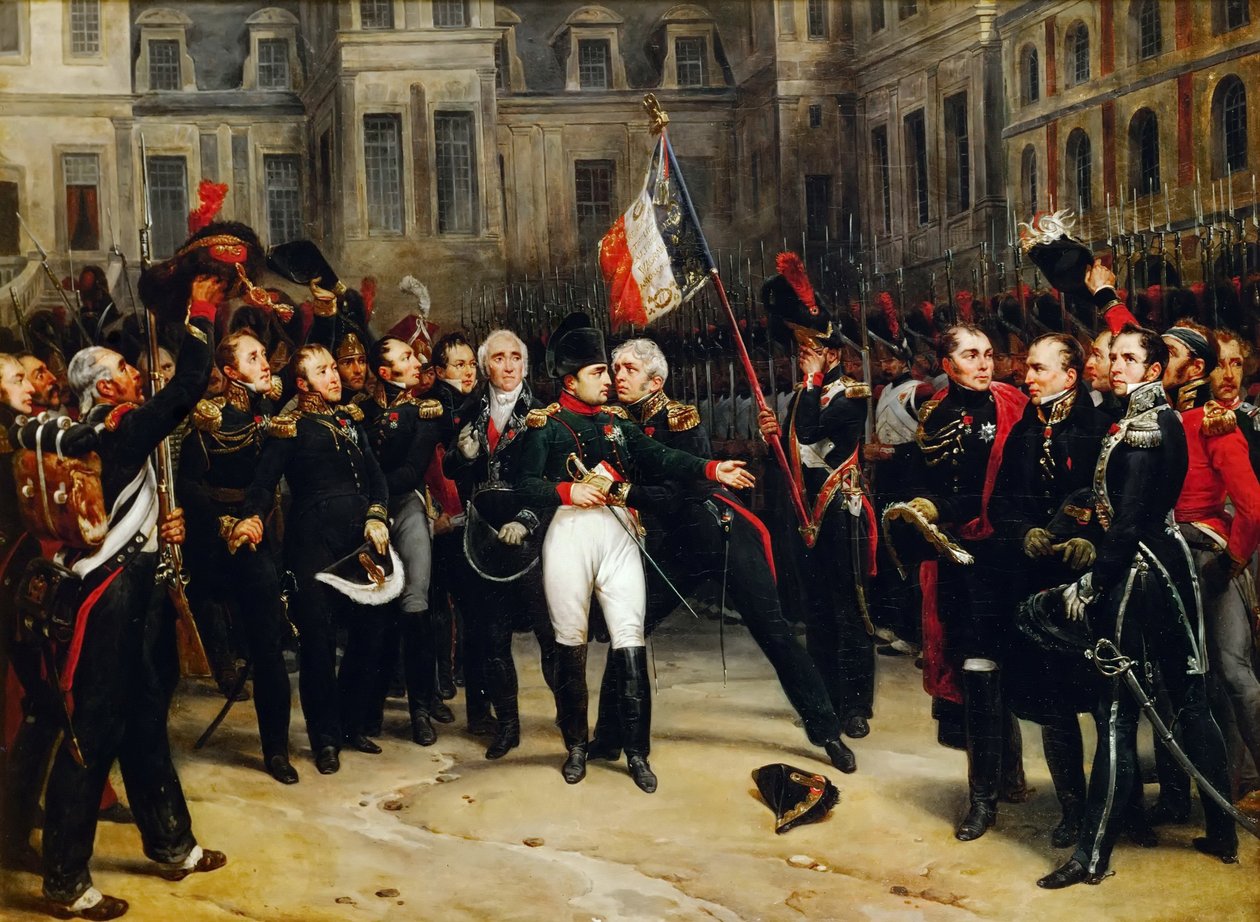 Pożegnanie Napoleona z Gwardią Cesarską na dziedzińcu Pałacu Fontainebleau 20 kwietnia autorstwa Antoine Alphonse Montfort