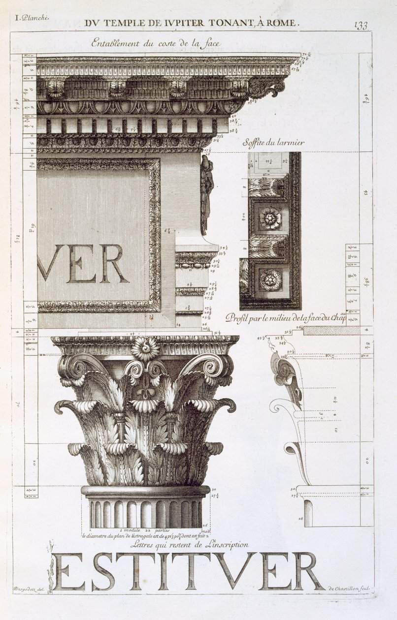 Belkowanie, kapitel i inskrypcja ze świątyni Jupitera Tonansa (The Thunderer), z „Les Edifices Antiques de Rome”, 1682 autorstwa Antoine Babuty Desgodets