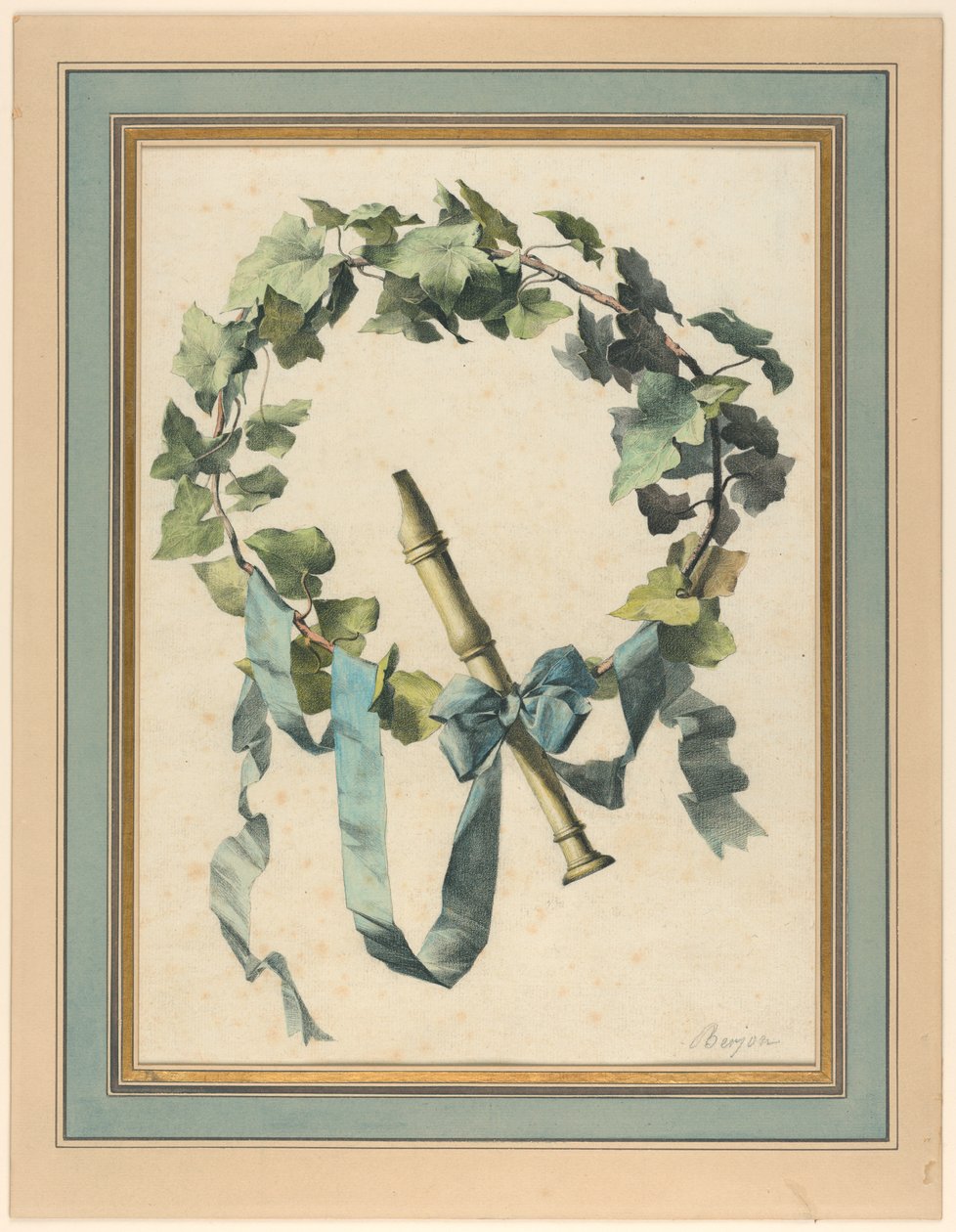 Rysunek, trofeum z fletem, bluszczem i niebieską wstążką, 1780-90 autorstwa Antoine Berjon