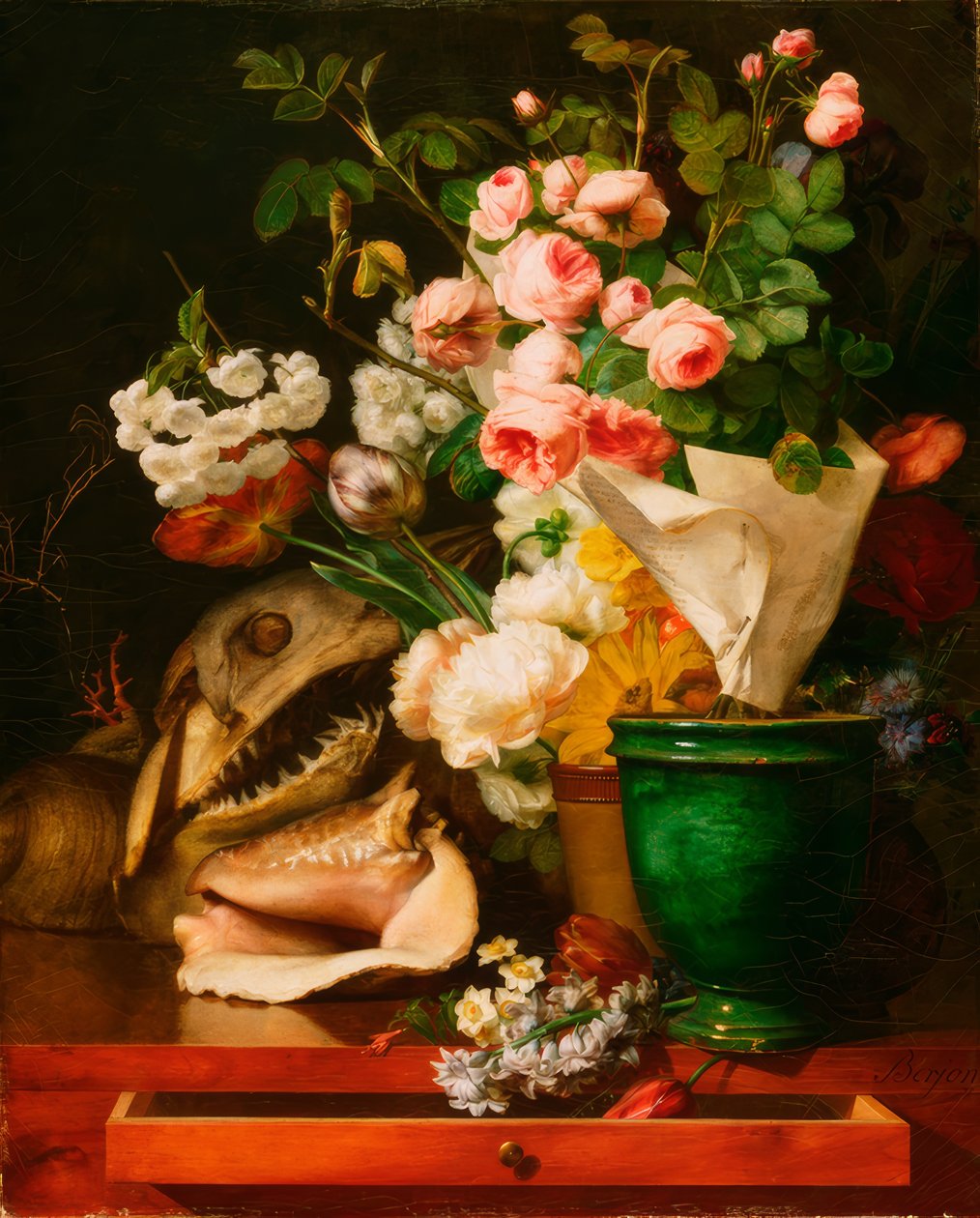 Martwa natura z kwiatami, muszelkami, głową rekina autorstwa Antoine Berjon