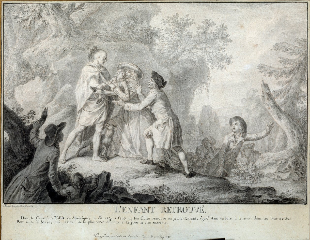 Dziecko znajduje ilustrację „Listów amerykańskiego rolnika” autorstwa św. Jana de Crevecoeur. Litografia autorstwa Antoine