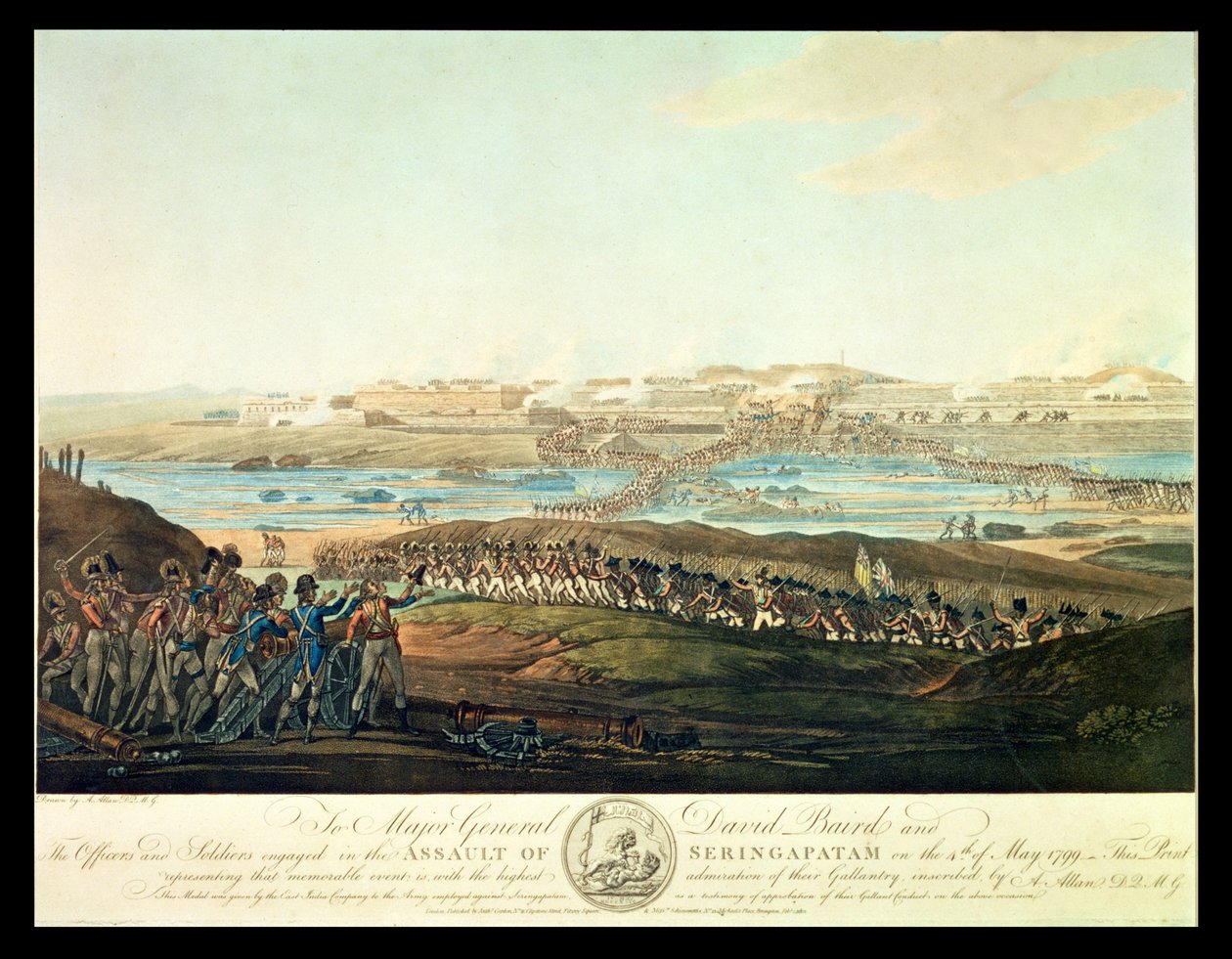 Zdobycie Seringapatam w 1799, 1801 (kolorowa akwatinta) autorstwa Antoine Cardon