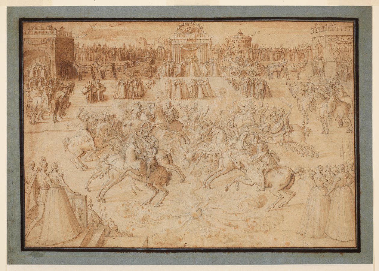 Gra jeździecka z jeźdźcami walczącymi wśród fajerwerków, 1575-c.1580 autorstwa Antoine Caron