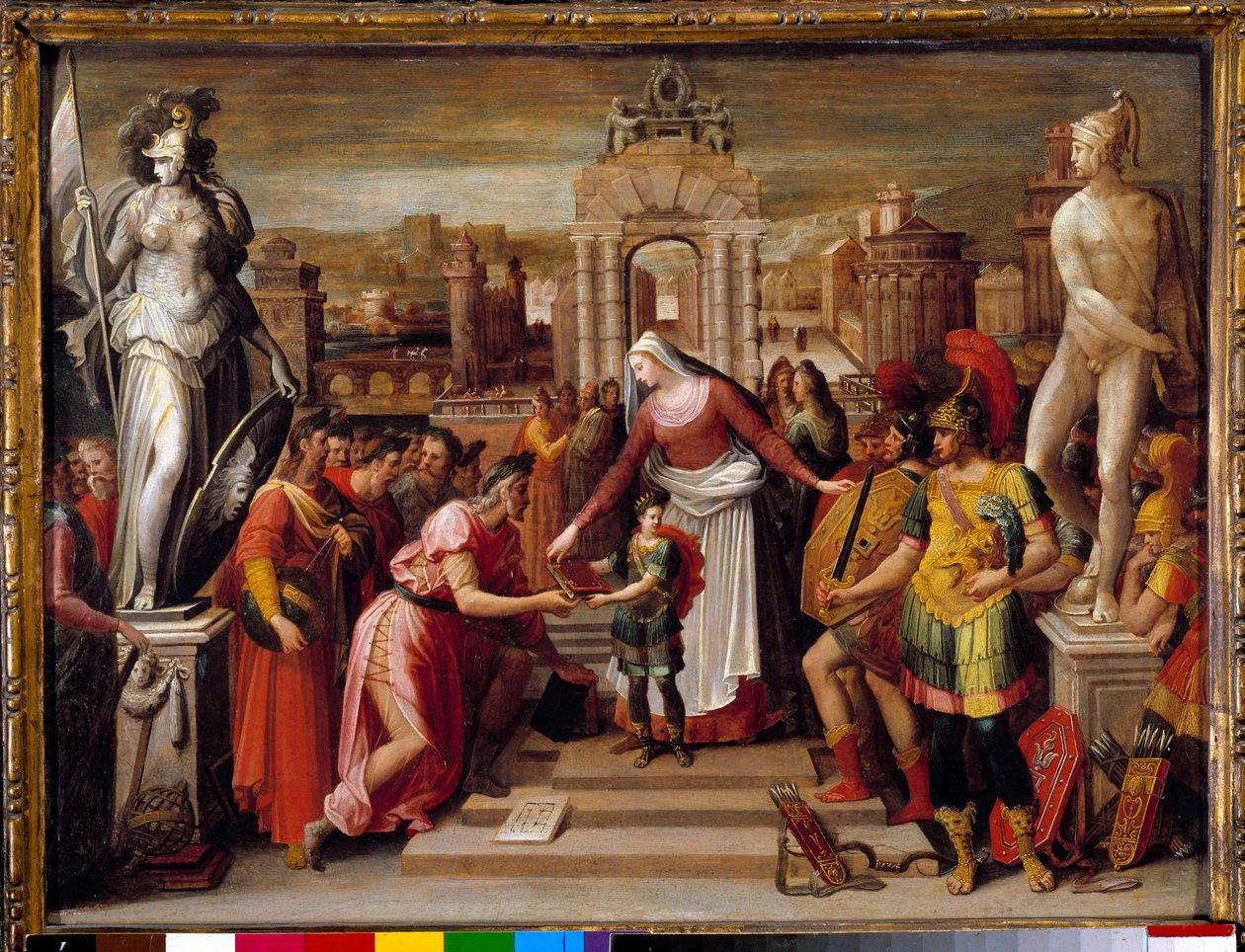 Historia królowej Artemise Iere z Halicarnasse: „”Przekazanie księgi i szpada”” Obraz Antoine Caron (1521-1599) XVI-wieczne słońce. 0,51x0,67 m Beauvais, Musee departemental de l