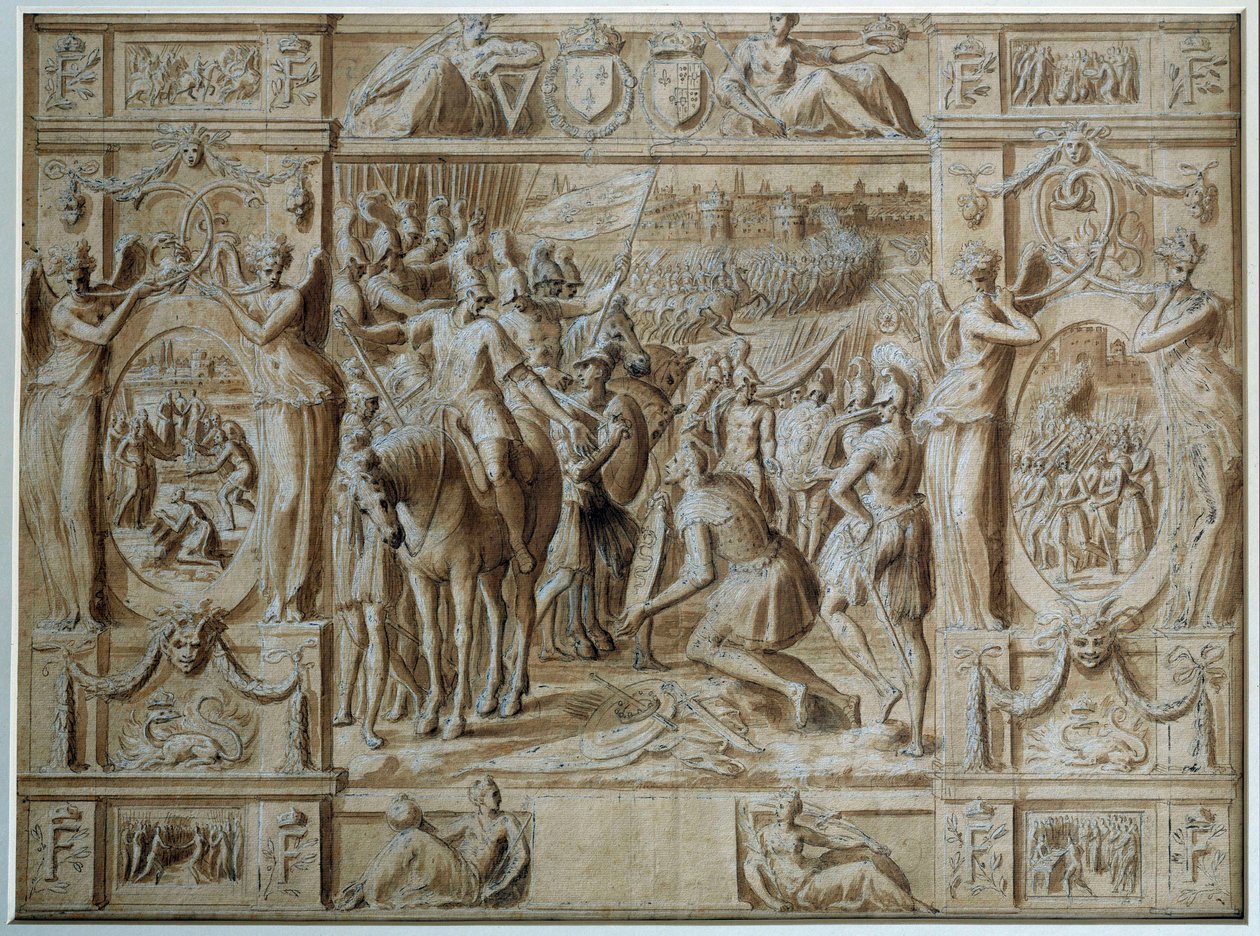 Poddanie Mediolanu Wojska Franciszka I zajęły Mediolan po zwycięstwie w bitwie pod Marignan w 1515 roku. Rysowanie piórem i pranie autorstwa Antoine Carona (1521-1599) XVI-wieczny Paryż, Luwr autorstwa Antoine Caron