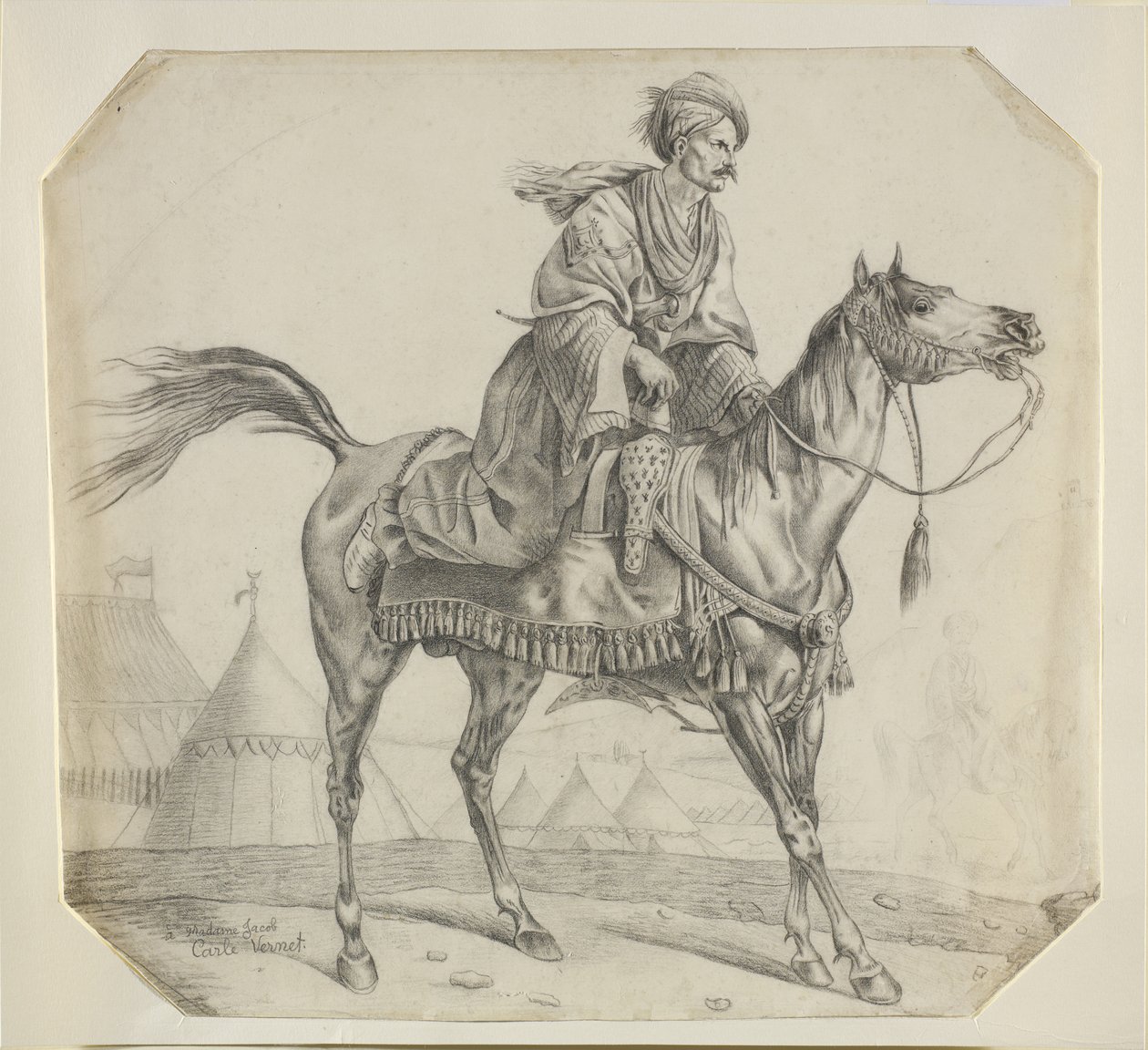 Mameluks dosiadający konia (czarna kreda na papierze) autorstwa Antoine Charles Horace Vernet