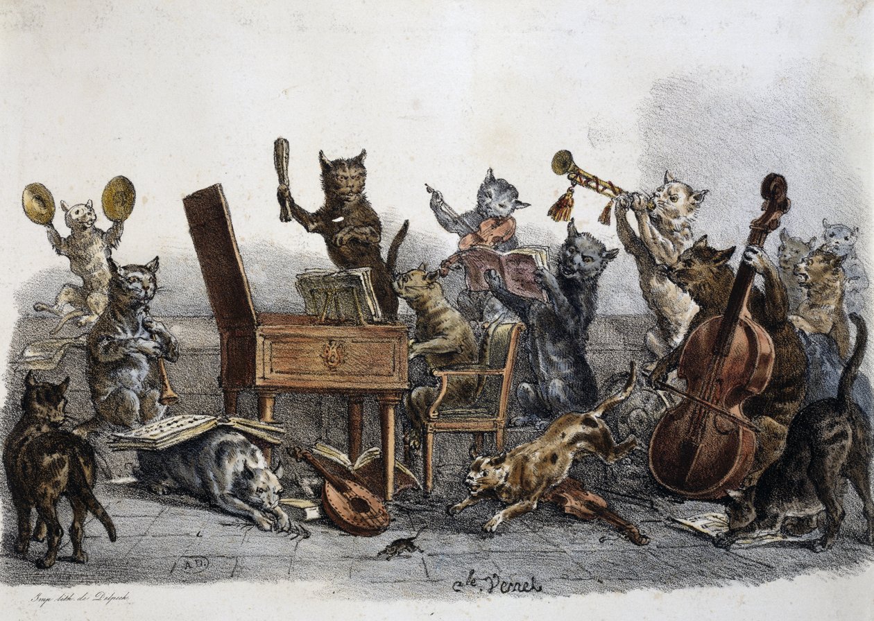 Koncert amatorski, karykatura kotów grających na instrumentach muzycznych, rycina Carle Vernet (1758-1836), Francja autorstwa Antoine Charles Horace Vernet
