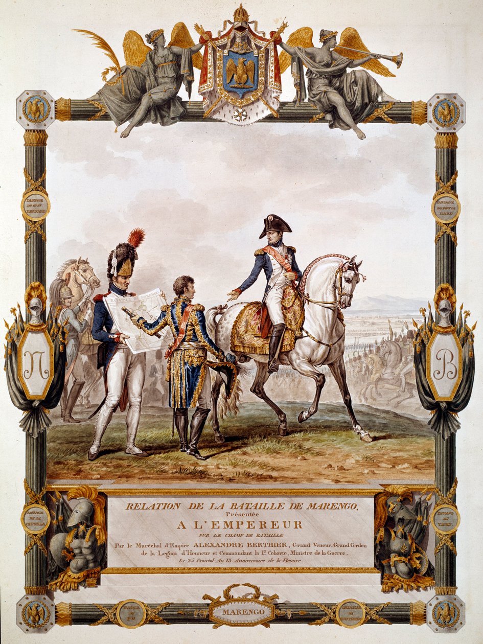 Frontispice relacji bitwy pod Marengo 14 czerwca 1800: Marechal Berthier pokazuje strategię bitewną w Napoleonie I. Ilustracja Antoine Dit Carle Vernet (1758-1836) autorstwa Antoine Charles Horace Vernet