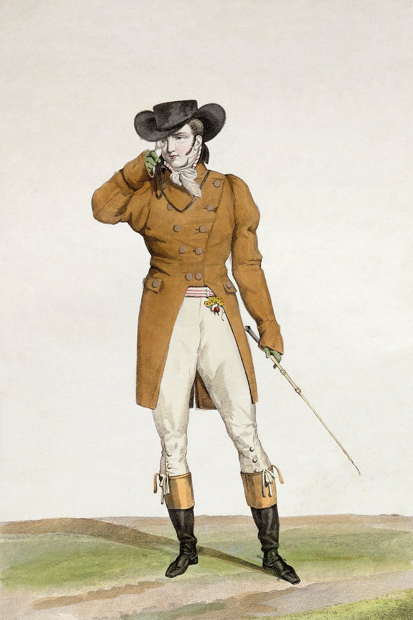Dandy ubrany w kapelusz w kształcie łódki, marynarkę w kolorze brunatnym i bryczesy z koźlej skóry, płyta 1 z serii modnych tablic „Incroyable et merveilleuses”, grawerowana przez Georgesa Jacquesa Gatine