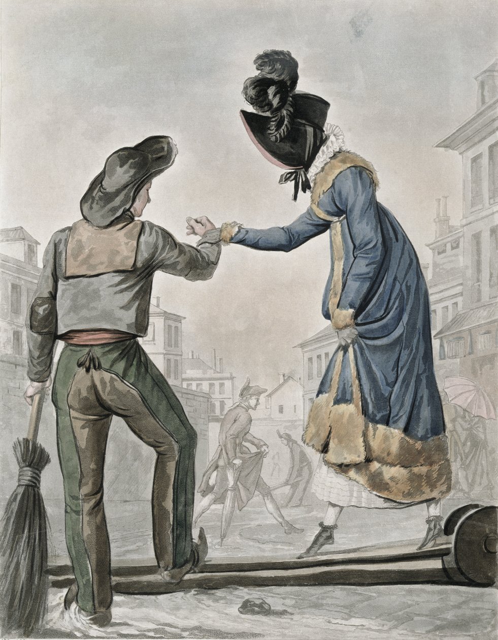 Kobieta płaci zamiataczowi ulic za przejście przez trap nad brudną ulicą autorstwa Antoine Charles Horace Vernet