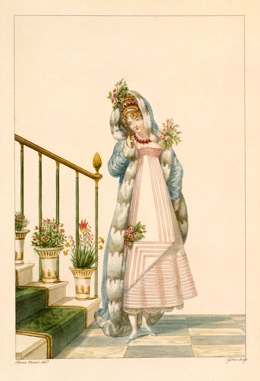 Suknia balowa z peleryną z gronostajów, ilustracja z „Incroyables et Merveilleuses”, 1801 autorstwa Antoine Charles Horace Vernet