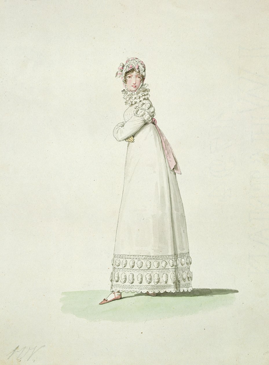 Elegancka kobieta w sukience plenerowej, ilustracja z „Incroyables et Merveilleuses” autorstwa Antoine Charles Horace Vernet