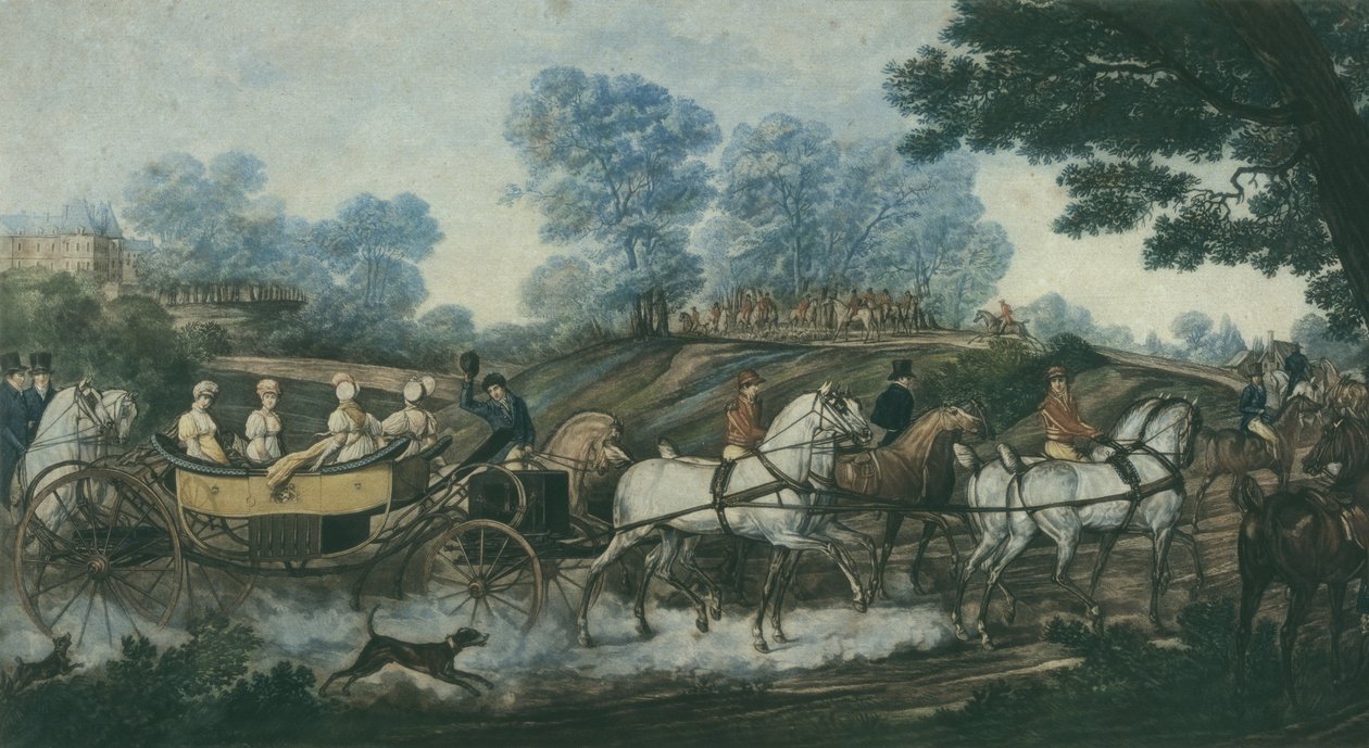 Spotkanie łowieckie, rytowane przez Philiberta Louisa Debucourta (1755-1832) początek XIX wieku autorstwa Antoine Charles Horace Vernet