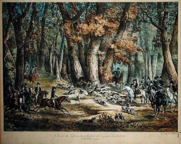 Polowanie na jelenie w lesie w Compiegne, 27 kwietnia 1818 r. autorstwa Antoine Charles Horace Vernet