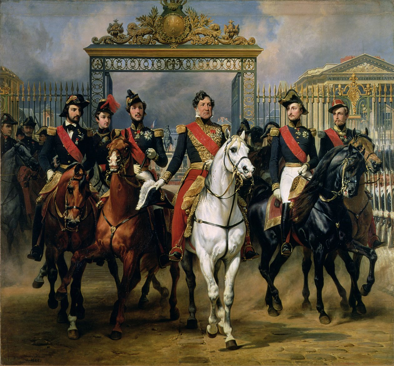 Król Francji Ludwik Filip (1773-1850) i jego synowie opuszczający zamek w Wersalu na koniu, 1846 autorstwa Antoine Charles Horace Vernet