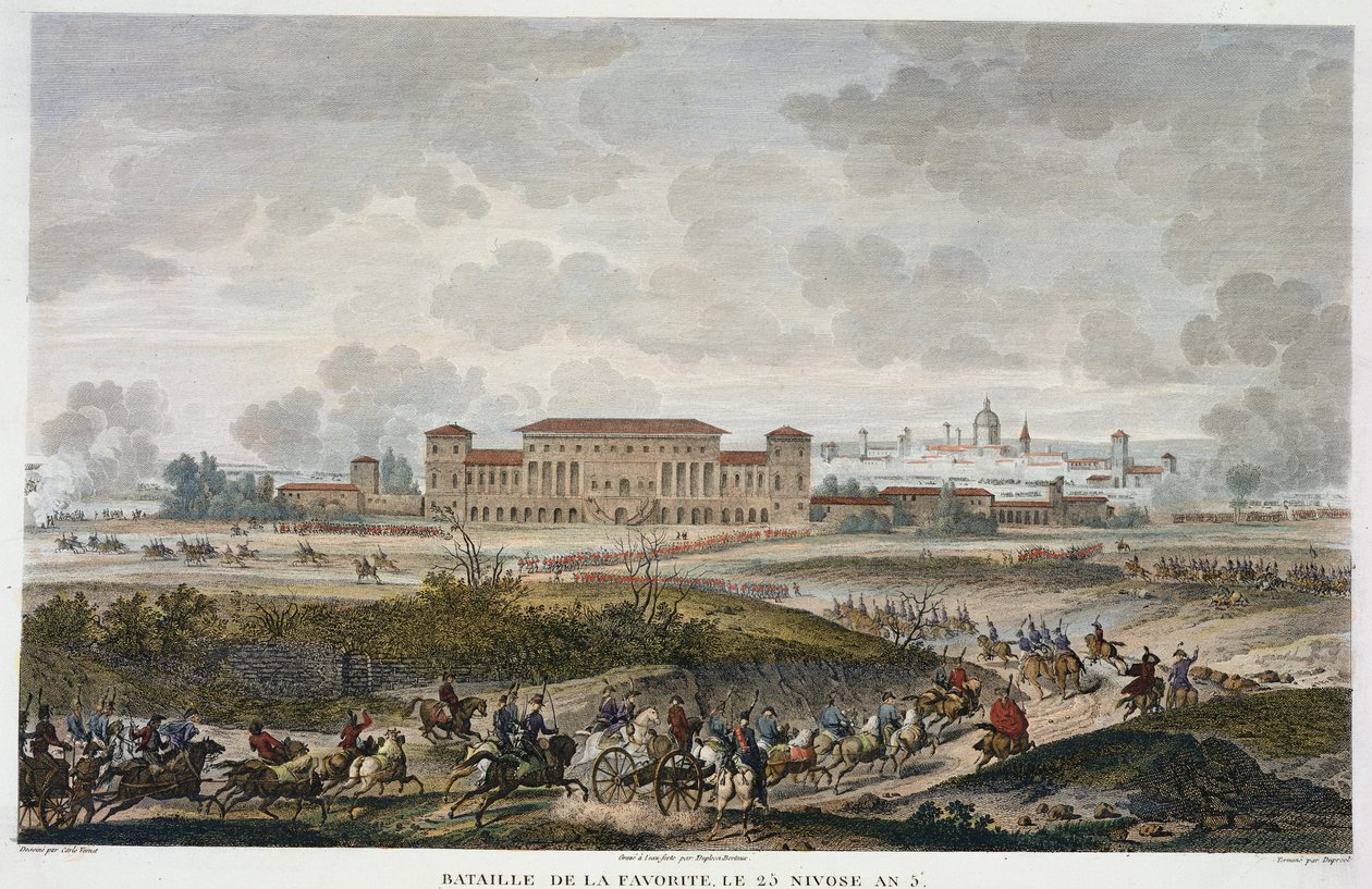 Bitwa pod La Favorite, 25 Nivose, rok 5 (styczeń 1797) grawerowana przez Jeana Duplessi-Bertaux (1747-1819) (akwatinta) autorstwa Antoine Charles Horace Vernet