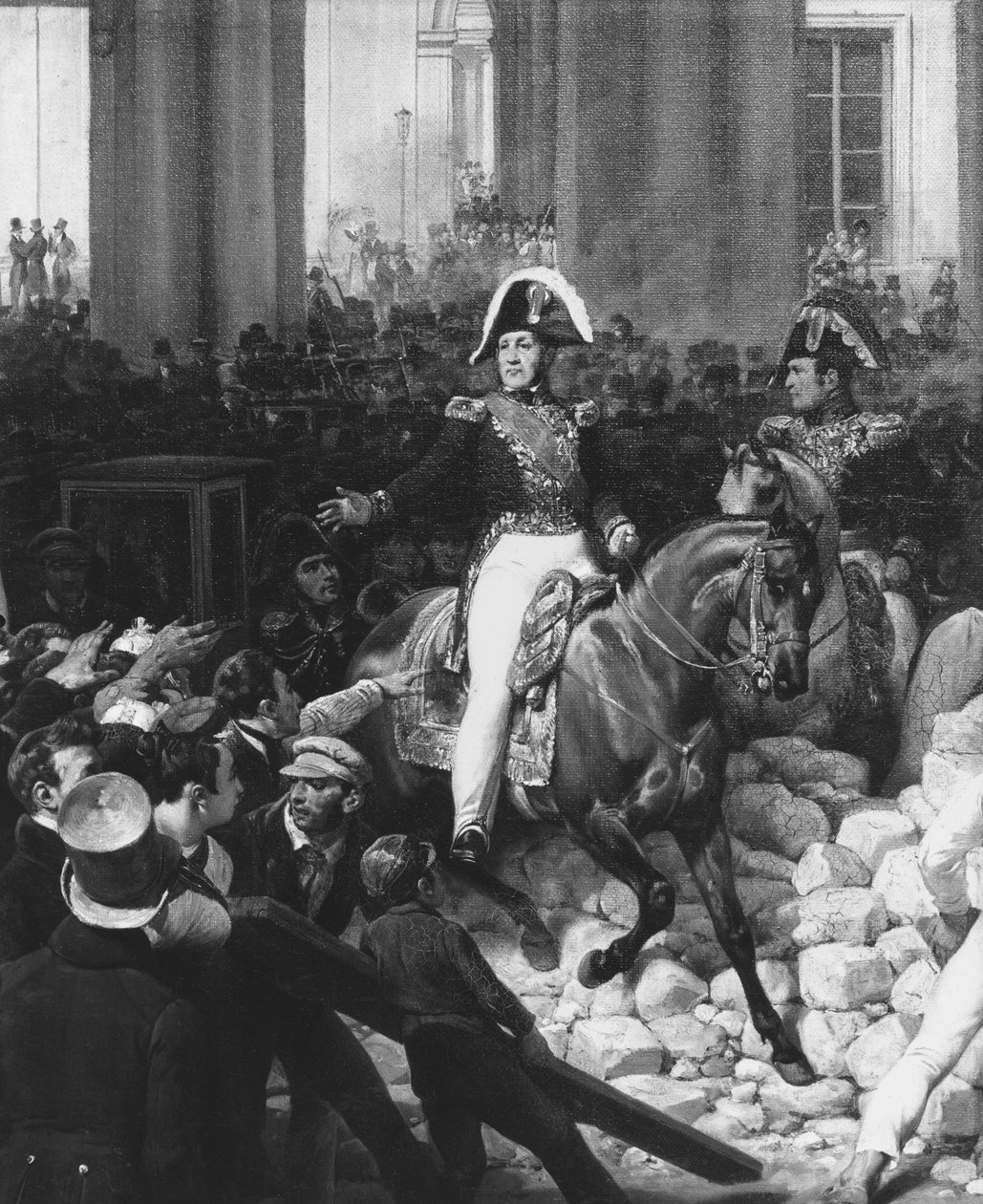 Książę Orleanu wychodzi z Palais-Royal i udaje się do Hotelu de Ville 31 lipca 1830, 1832 (detal z 141289) autorstwa Antoine Charles Horace Vernet