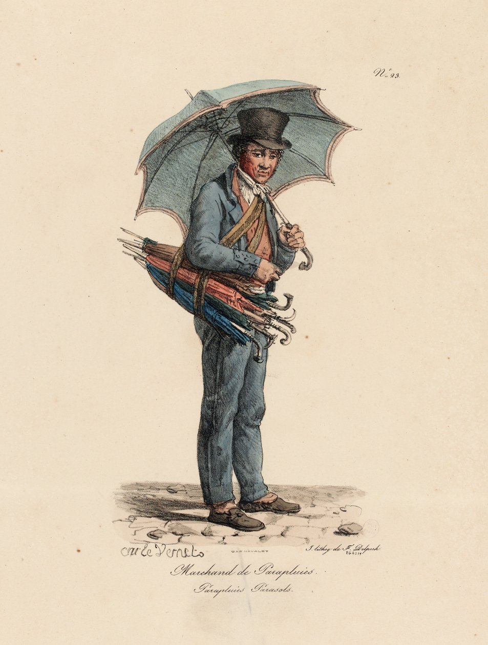Sprzedawca parasoli i parasoli, numer 23 z serii The Cries of Paris, rytowany przez Francois Serafina Delpecha (1778-1825) autorstwa Antoine Charles Horace Vernet