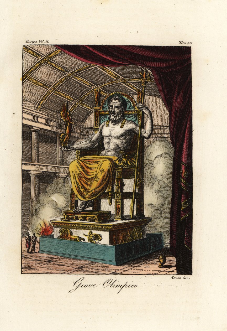 Statua Zeusa lub Jowisza w Olimpii, gigantyczna siedząca figura greckiego rzeźbiarza Fidiasza około 435 pne w sanktuarium Olimpii w Grecji autorstwa Antoine Chrysostome Quatremère de Quincy