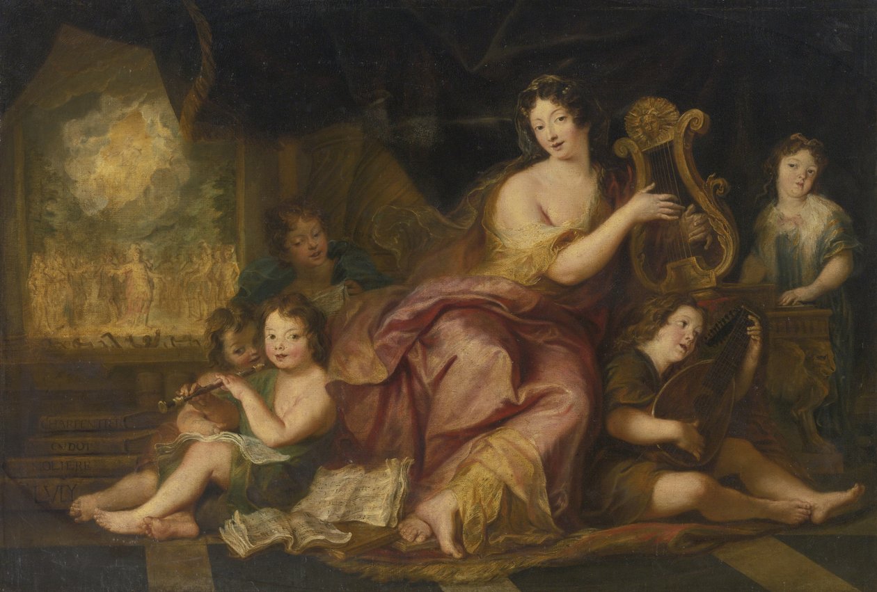 Alegoria muzyki. Portret Madame de Maintenon 1635-1719, z naturalnymi dziećmi Ludwika X autorstwa Antoine Coypel