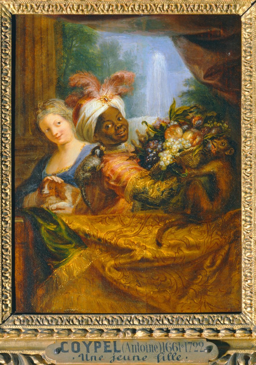 Młoda czarna dziewczyna trzymająca kosz owoców i młoda dziewczyna pieszcząca psa - Jeune noir tenant une corbeille de fruits et jeune fille caressant un chien ... autorstwa Antoine Coypel