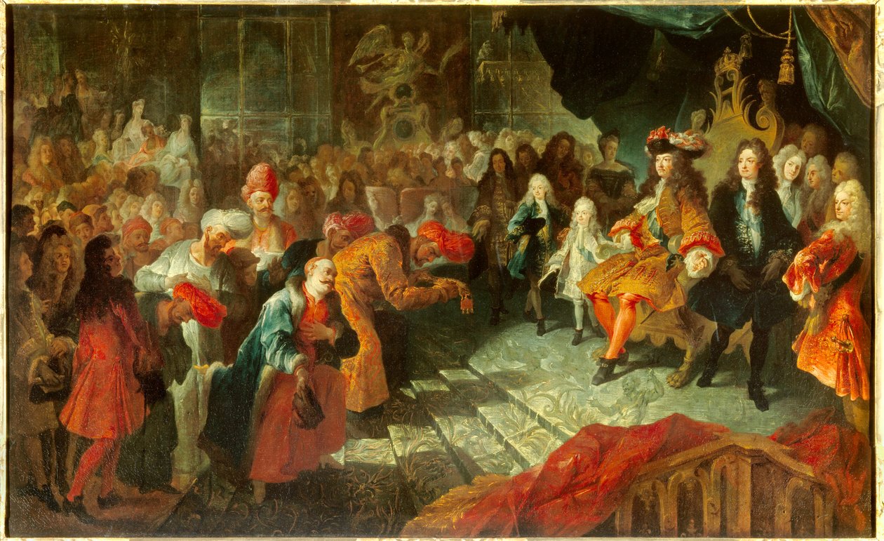 Król Ludwik XIV (1638-1715) przyjmuje Ambasadora Nadzwyczajnego Persji Mehemet Reza Bey (Raza-Bey) w galerii lodów w Wersalu 19.02.1715 Obraz przypisywany Antoine Coypel (1661-1722) Nd. 0,7x1,5m² autorstwa Antoine Coypel