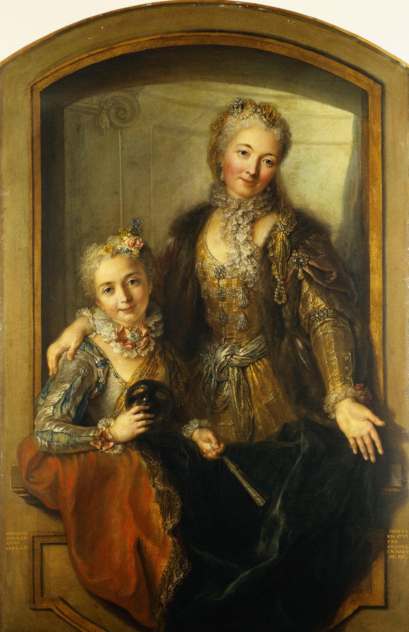 Portret Madame Dupille i jej córki, pół tułowia, ubranych w suknie balowe w oknie, 1733 autorstwa Antoine Coypel