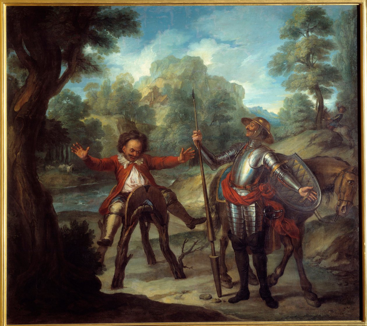 Historia Don Kichota: Sancho budzi się i desperacko stara się nie znaleźć swojego ukochanego Grisona. „Genialny dżentelmen Don Kichot z La Manchy” Miguela de Cervantesa Saavedra (1547-1616). Obraz Charlesa Antoine
