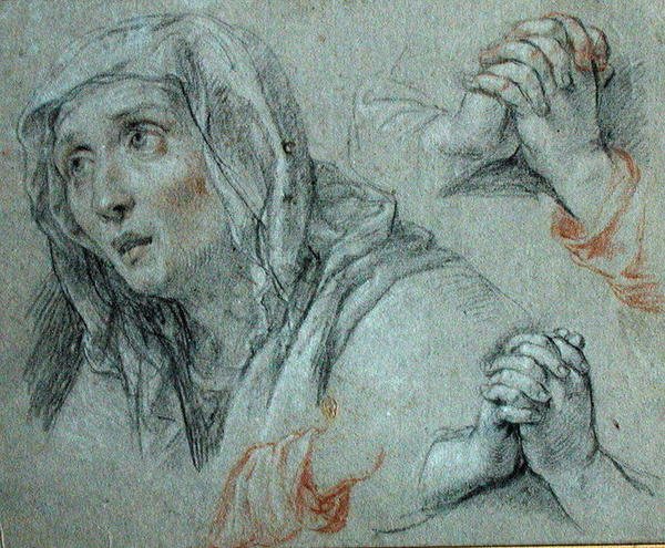 Studia do figury Matki Boskiej, ok. 1700 r. (czarno-czerwona kreda podwyższona bielą na papierze) autorstwa Antoine Coypel