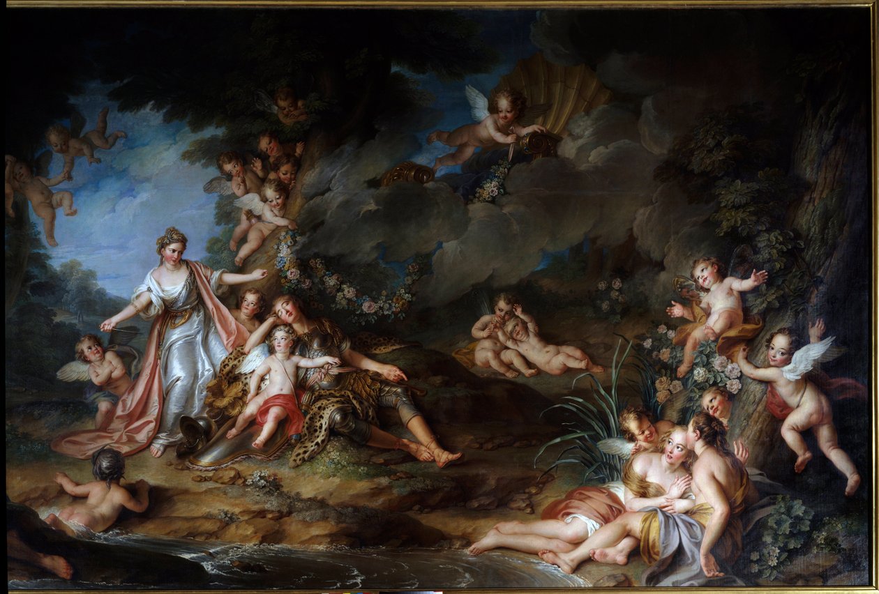 Czarujący Armide, który chce dźgnąć Renauda, ustąpi Miłości (zwanej również „Snem Renauda”). Ilustracja przedstawiająca scenę „The Jerusalem Delivree” (La gerusalemme liberata) Torquato Tasso (znanego jako Kubek). Obraz Charlesa Antoine