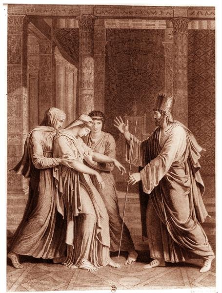 Estera przed Assuerusem, ilustracja z „Estery” Jeana Racine