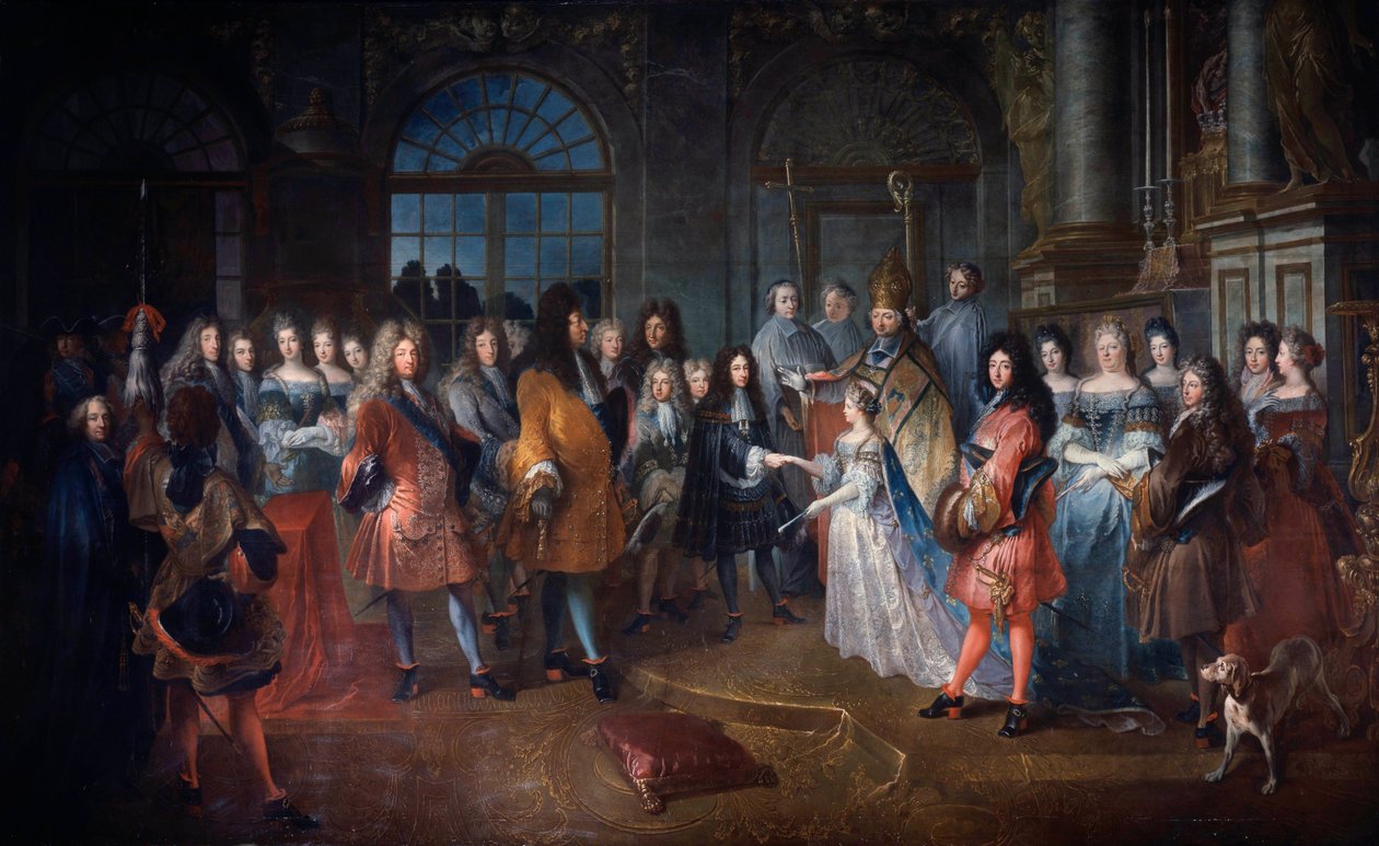 Ślub Ludwika de France księcia Burgundii i Marii Adelajdy Sabaudzkiej w dniu 7.12.1697 Uroczystość odbywa się w obecności króla Ludwika XIV (1638-1715) w centrum. Młode małżeństwa są błogosławione przez kardynała de Coislin. Obraz Antoine Dieu (166 autorstwa Antoine Dieu