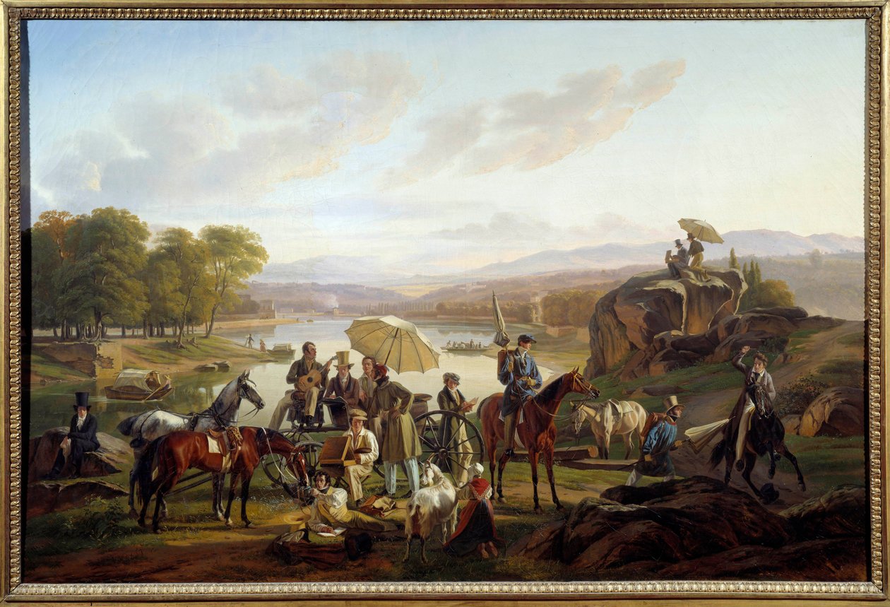 Przystanek lyońskich artystów na Barbe Island w Lyonie Malarze i muzycy odpoczywają podczas przejażdżki konnej. Obraz Antoine Duclaux (1783-1868) 1824 Nd. 0,86x1,31 m Lyon, Muzeum Sztuk Pięknych autorstwa Antoine Duclaux