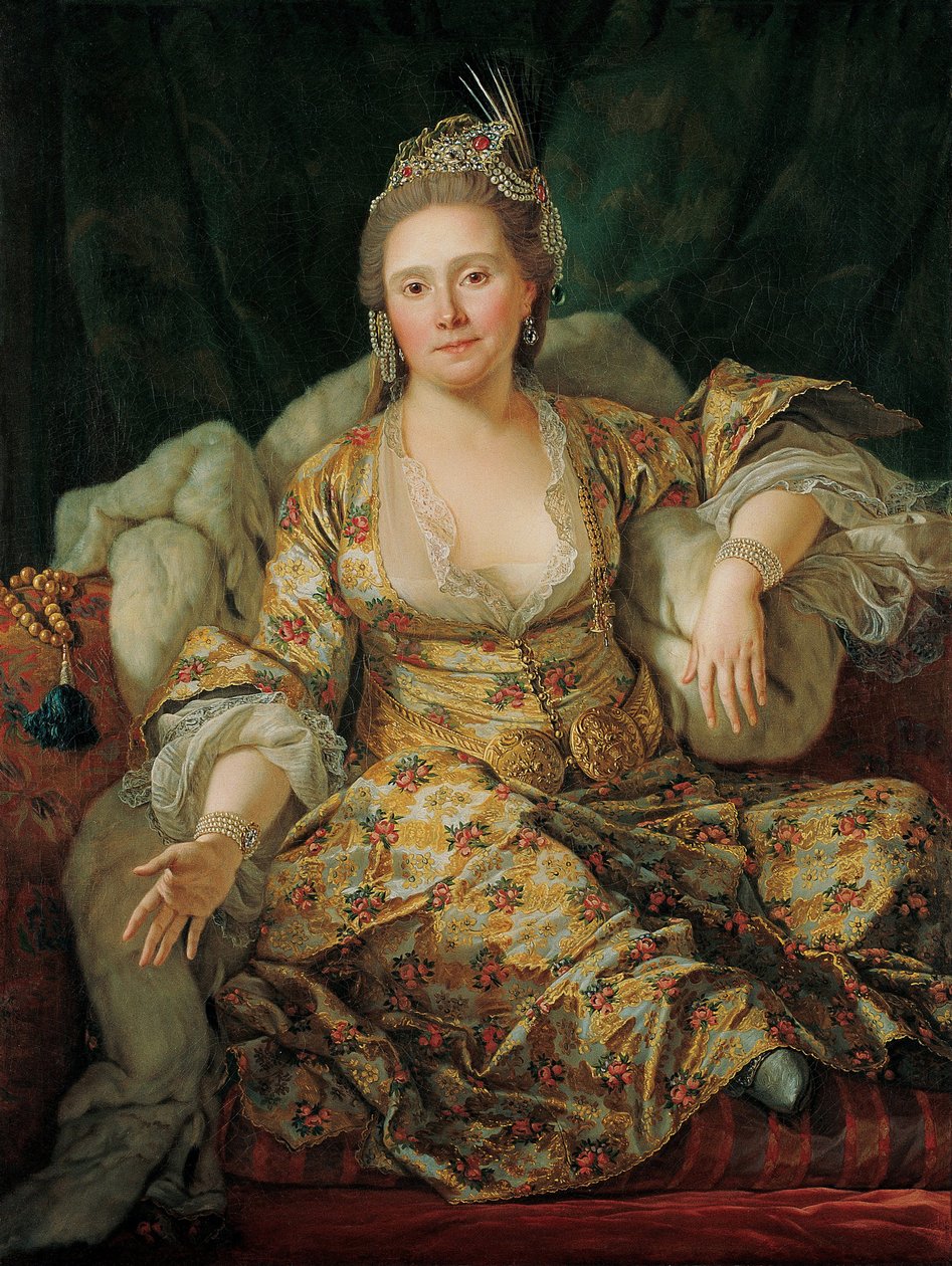 Portret Annette Duvivier, hrabina de Vergennes, w kostiumie orientalnym - Obraz Antoine de Favray (1706-1791), olej na płótnie (129x96 cm), druga połowa XVIII wieku - Portret Annette Duvivier, hrabina de Vergennes, w stylu orientalnym kostium, och autorstwa Antoine Favray
