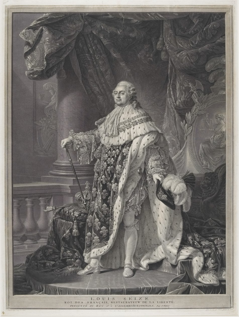 Le Sacre - Portret króla Ludwika XVI w regaliach koronacyjnych, rytowany przez Charlesa-Clémenta Bervica (1756-1822) autorstwa Antoine Francois (after) Callet