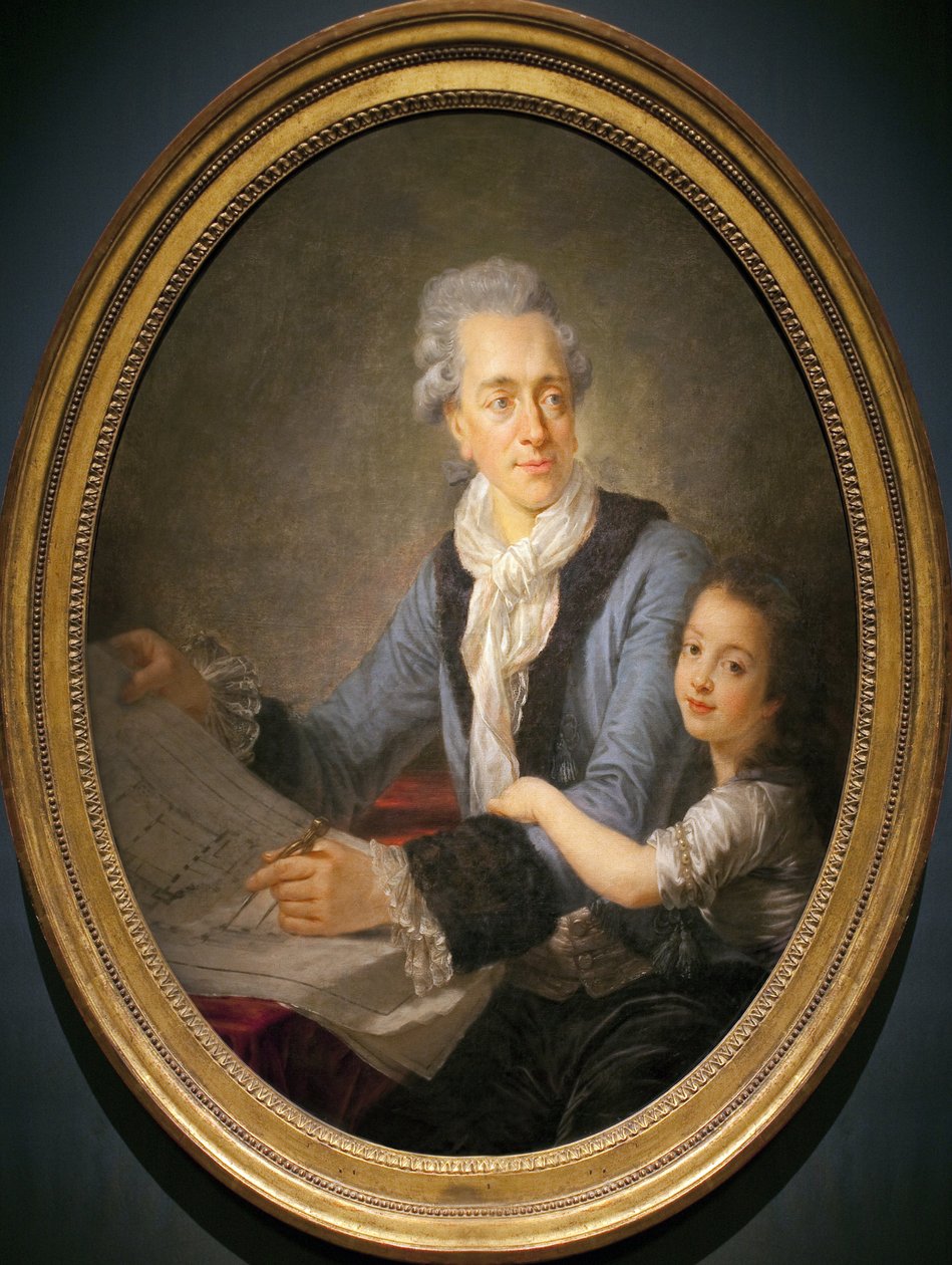 Portret Claude Nicolas Ledoux (1736-1806) z córką Adelaide. (Ledoux posiada plany domu dyrektora przemysłowego miasta Arc et Senans (Franche Comte), ambitny program tego idealnego miasta, który pozostał niedokończony, autorstwa Antoine François Callet