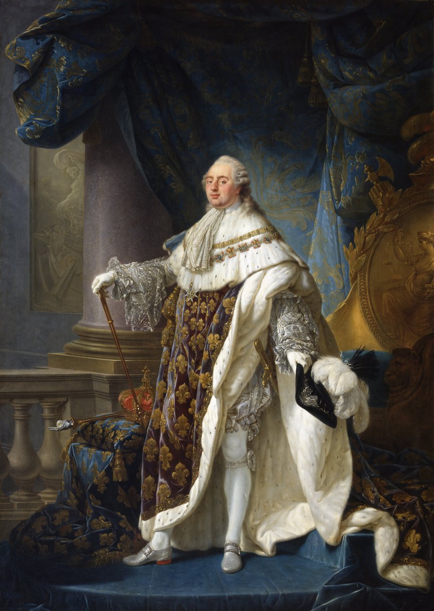 Francuski: Louis XVI, roi de France et de Navarre, revêtu du grand costume royal en 1779 Ludwik XVI, król Francji i Nawarry, w swoim wielkim stroju królewskim w 1779 r. autorstwa Antoine François Callet