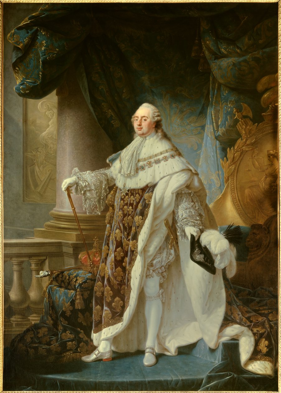 Portret en pied du roi de France Ludwik XVI (1754-1793) w wielkim królewskim stroju w 1779 Obraz Antoine Francois (Antoine-Francois) Calleta (1741-1823) 1779 Wym. 2,7x1,89 m - - Portret króla Francji Ludwika XVI (1754-1793) w koronie autorstwa Antoine François Callet