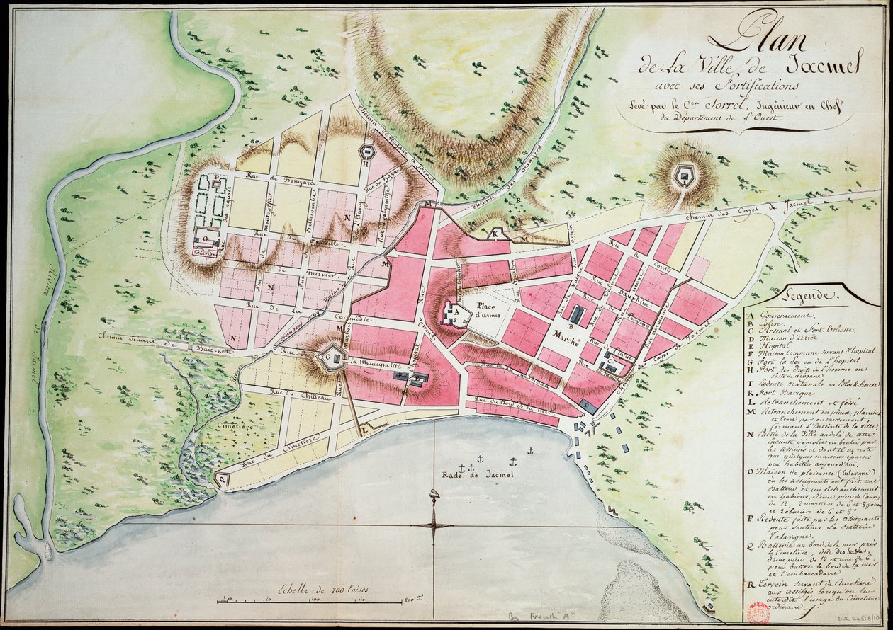 Plan miasta Jacmel z fortyfikacjami autorstwa Antoine François Sorrel des Rivieres