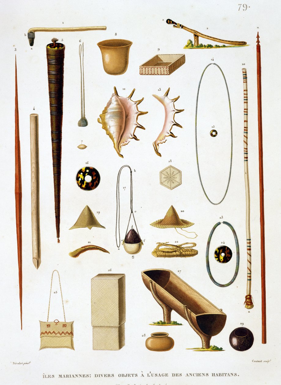 Przybory gospodarstwa domowego i broń z Marianów, z Voyage autour du Monde (1817-20), Louis Claude De Saulces de Freycinet (1779-1842) rytowane przez Jean Louis Denis Coutant (1776-1831), s. autorstwa Antoine Germain Bevalet