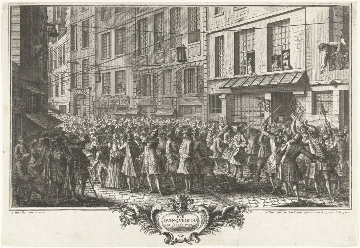 Z Rue Quinquempoix, 1720 Rue Quinquempoix w roku 1720 (tytuł na obiekcie) Het Groote Tafereel der Dwaasheid (tytuł serii) autorstwa Antoine Humblot